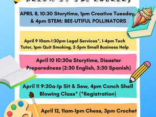 National Library Week list of events at the Key largo Library branch april 8-11. 2025