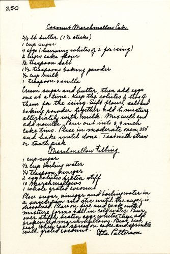 A handwritten recipe for coconut marshmallow cake, signed at the bottom by Etta Patterson