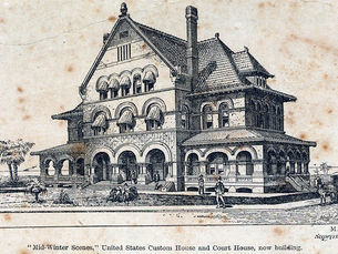 Print of a three story building. Text reads "Mid-Winter Scenes," United States Custom House and Court House, now building.