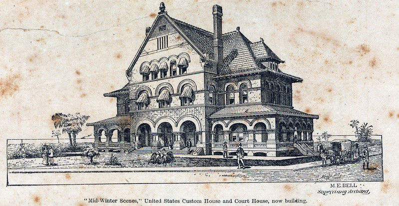 Print of a three story building. Text reads "Mid-Winter Scenes," United States Custom House and Court House, now building.