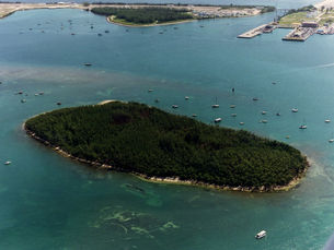 Aerial view of an island with boats moored around it.
