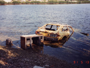 A car and appliances partially submerged on a shoreline