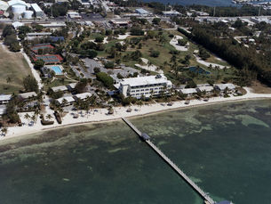 Aerial view of a shoreline with a large building and a long pier.