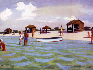 A beach with people in the water and on the beach, a small boat and cabanas on the beach.