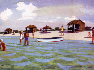 A beach with people in the water and on the beach, a small boat and cabanas on the beach.