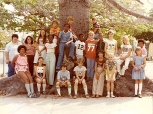 A group of kids sitting at the roots of a big tree.