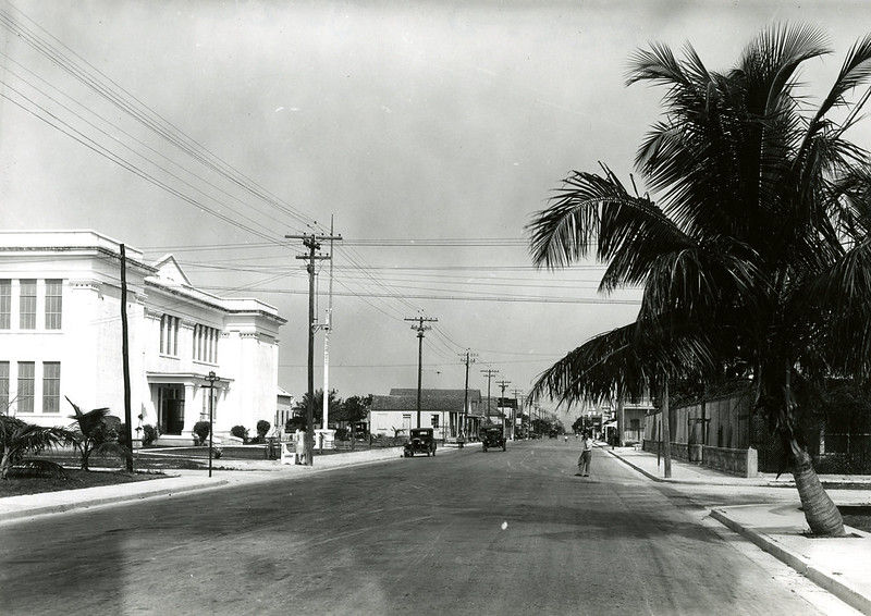 A street with a school on the left, 1920-s style cars and a person in the street and a palm tree on the right.