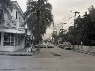 A street with a store on the corner with a sign that reads Island Imports