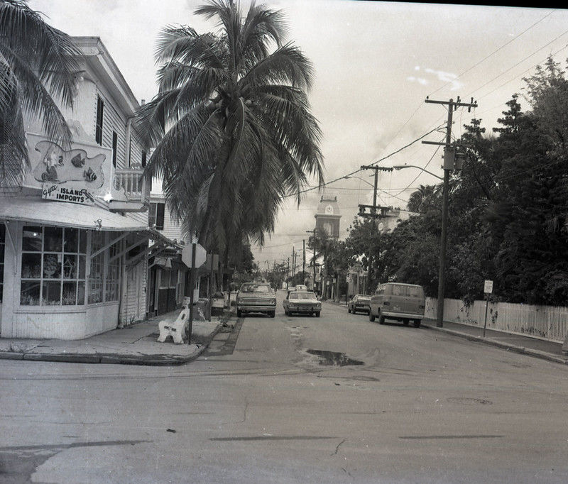 A street with cars parked on either side and a store on the corner with a sign that reads Island Imports.