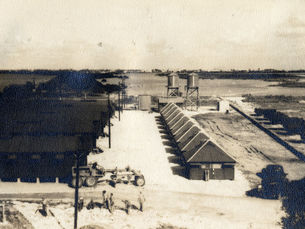 aerial view of a row of buildings.
