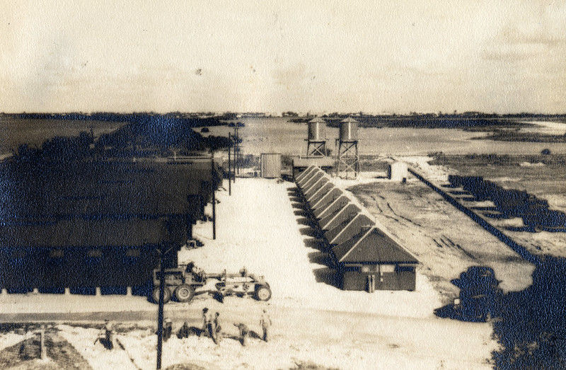 Aerial view of a row of buildings.