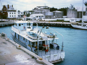 a dock with coral reef written on the stern tied up at a dock