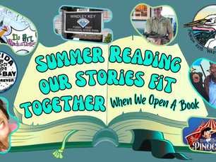 Summer reading - our stories fit together when we open a book. Image of an open book and inset images of different locations and programs.