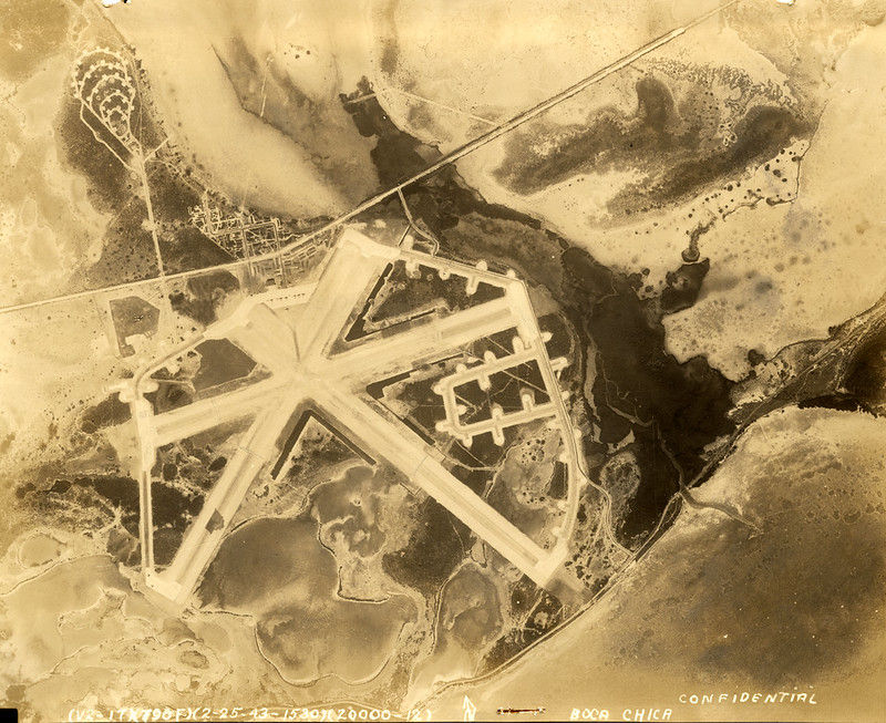 Aerial view of an island with multiple runways