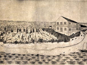 A painting of a small island with a building and gravestones