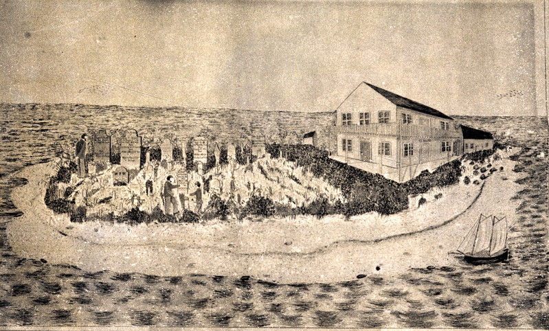 painting of a small island with a building and gravestones.