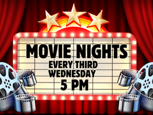 a marquee reading Movie Nights every third Wednesday 5 pm with film reels in front of it.