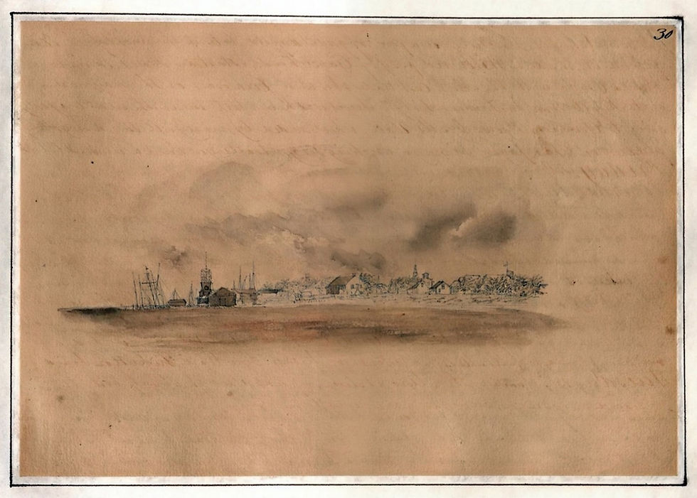 sket of a small town on a shoreline with ships just off shore.