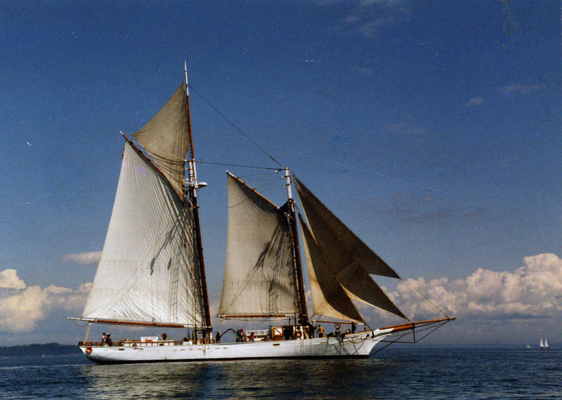 A schooner underway on the water