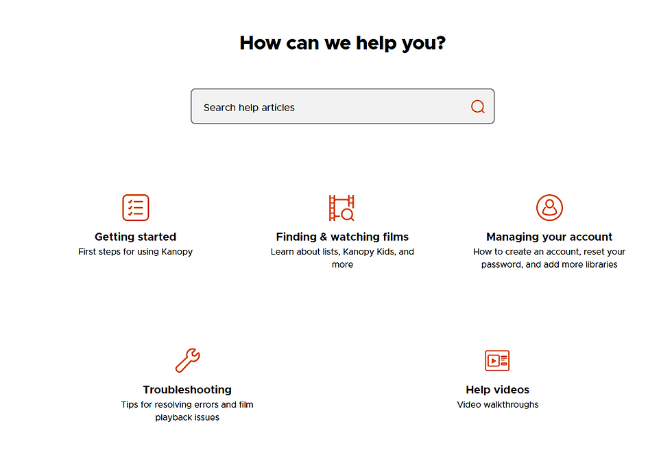 How can we help you? Search bar with text search help articles. Icons for getting started first steps for using Kanopy. Finding and watching films learn about lists, Kanopy Kids, and more. Managing your account how to create an account, reset your password and add more libraries. troubleshooting tips for resolving errors and film playback issues. Help videos video walkthroughs.