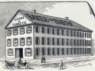 Drawing of people on foot and a carriage in front of a a three story building with many windows and signs on the side and roof reading Cigars & Tobacco and Baker and Dubois.