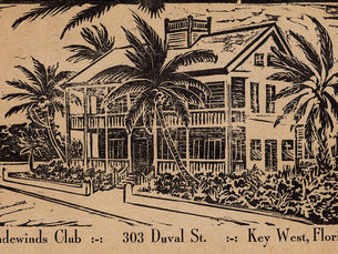 Engraving of a three story house with porches on two levels and palm trees in front. Writing on the bottom reads Tradewinds Club., 303 Duval Street, Key West, Florida.