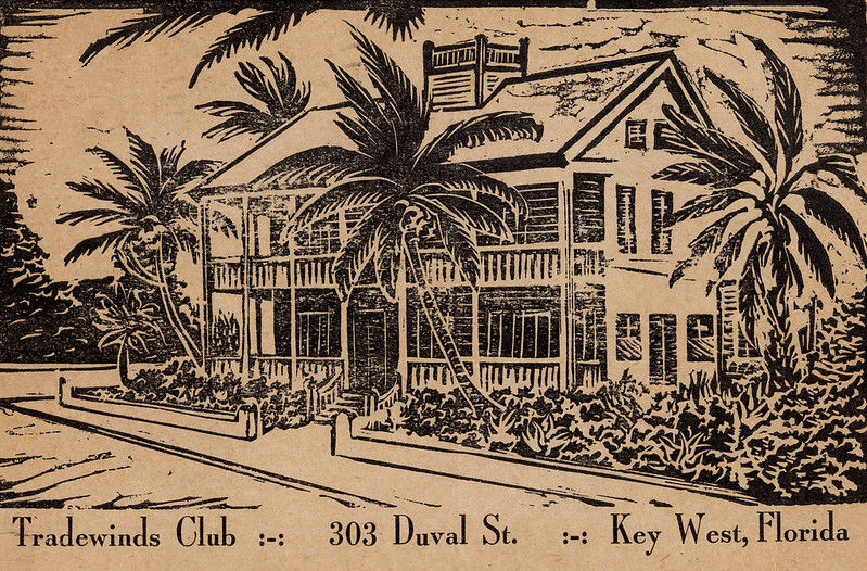 Engraving of a three story house with porches on two levels and palm trees in front. Writing on the bottom reads Tradewinds Club., 303 Duval Street, Key West, Florida.