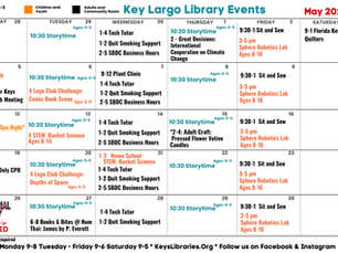 Key Largo Library events May 2025. Monthly calendar with events on most days.