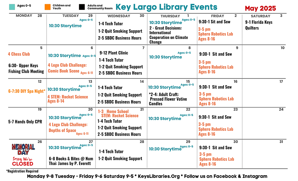 Key Largo Library events. Calendar for May 2025 with events and programs at the Key Largo library.