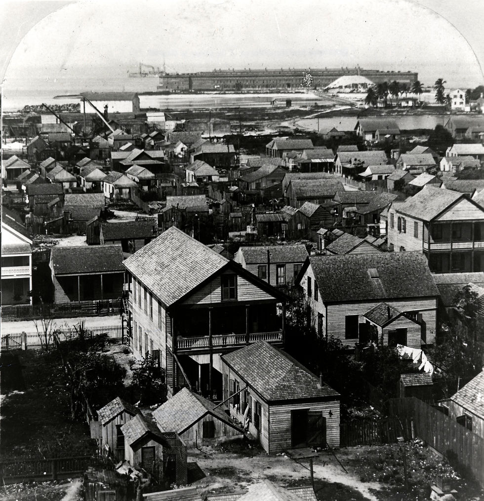 Aerial view of buildings with a fort and battleship on the horizon.