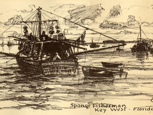 Drawing of a boat with outriggers and two dinghies. Writing on image reads Sponge Fisherman Key West - Florida