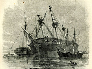 an engraving of a large sailing ship partially leaning to one side with smaller ships and dinghies around it. Text at the bottom reads Wreckers At Work.