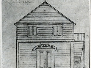 A drawing of a two story building with a sign over the door that reads San Carlos 1871