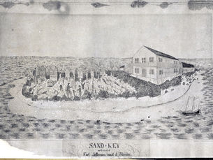 a photo of a watercolor painting of a small island with a two-story building and graves on it.