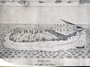 a photo of a watercolor painting of a small island with a two-story building and graves on it.
