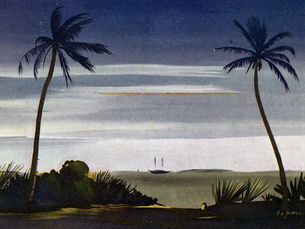 A watercolor of a beach with two palm trees and a sailboat offshore