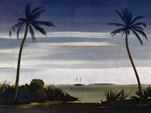 A watercolor of a beach with two palm trees and a sailboat offshore