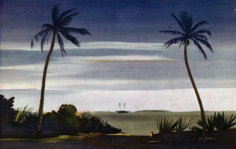 Water color of a beach with two palm trees and a sailboat offshore.
