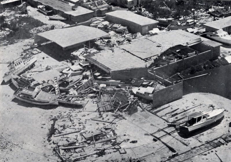 Aerial view of a wrecked boatyard