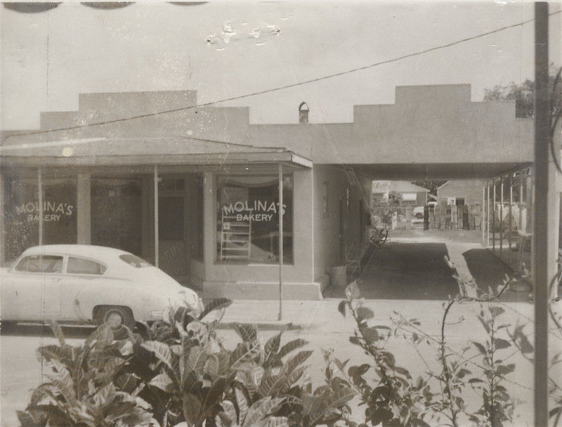 A storefront with Molina's Bakery written on the windows.