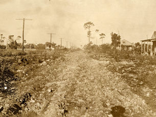 A dirt road going past cottages and palm trees