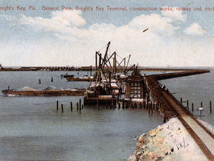 postcard of a railroad bridge under construction. text on card reads Knight's Key Fla. General View, Knight's Key Terminal, construction works, railway and docks.