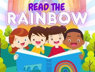 Key Largo Library Read the Rainbow. Graphic of four children reading a book.