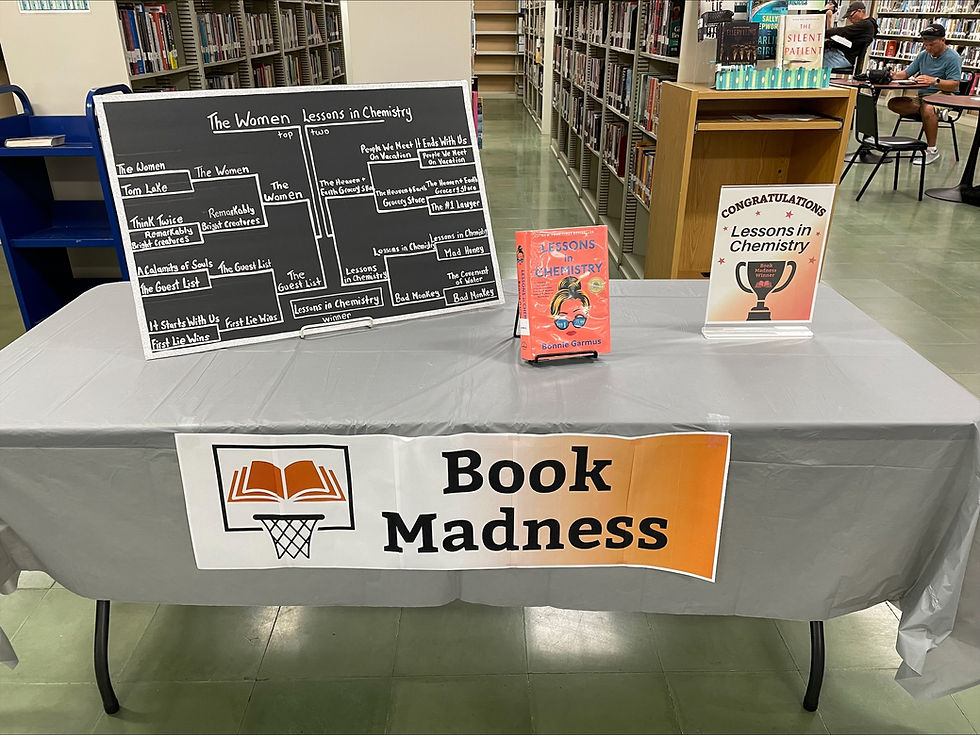 Table with brackets, a sign that reads Book Madness and a copy of Lessons in Chemistry.