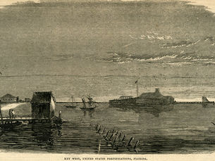 Engraving of a waterfront showing a fort under construction. Text underneath image reads Key West, United States Fortifications, Florida.
