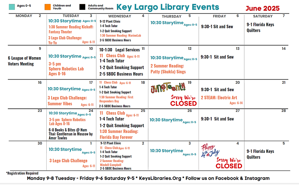 Key Largo events June 2025. Monthly calendar with events on most dates at the Key Largo Library branch.