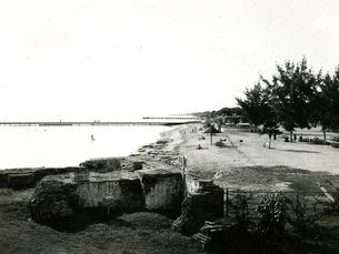 A beach with walls in the foreground and piers.