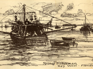 Engraving of a fishing boat with smaller boats around it.