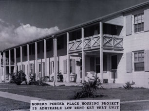A two story apartment complex. Text reads Modern Porter Place Housing Project is admirable low rent Key West Unit.