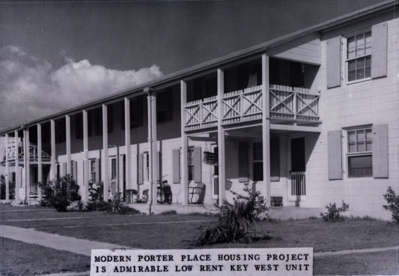 A two story apartment complex. Text reads Modern Porter Place Housing Project is admirable low rent Key West Unit.